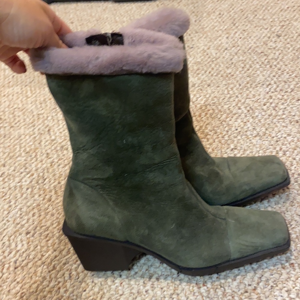 Green shearling and lavender trim booties